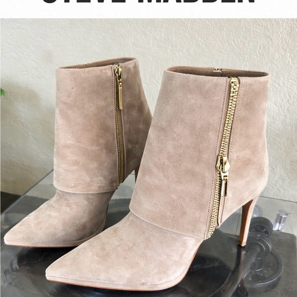 Steve Madden Shoes - Steve Madden Taupe Suede Pointed Toe Ankle Boots with Gold Zipper